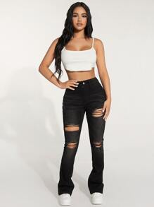 SHEIN PETITE High Waist Ripped Flare Leg Jeans - Black - View 5