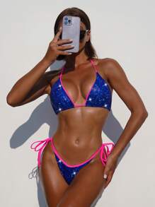 Metallic Bikini Set Contrast Binding Halter Triangle Bra Top & Tie Side Bikini Bottom 2 Pieces Bikini Summer Beach - Royal Blue - View 5