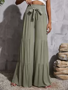 SHEIN Tall Tie Front Shirred Waist Ruffle Hem Wide Leg Trousers - Army Green - View 1