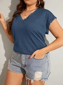 SHEIN LUNE Plus Lace Trim Batwing Sleeve Tee - Navy Blue - View 5