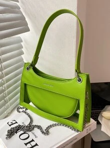 Letter Graphic Chain Bag - Green - View 8