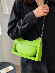 Letter Graphic Chain Bag - Green - View 7