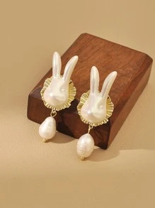 兔子頭和人造珍珠裝飾耳環 - 白色 - 查看 1