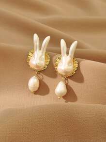 兔子頭和人造珍珠裝飾耳環 - 白色 - 查看 4