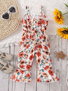 SHEIN 嬰兒向日葵圖案荷葉邊吊帶喇叭連身褲 - 彩色 - 查看 2