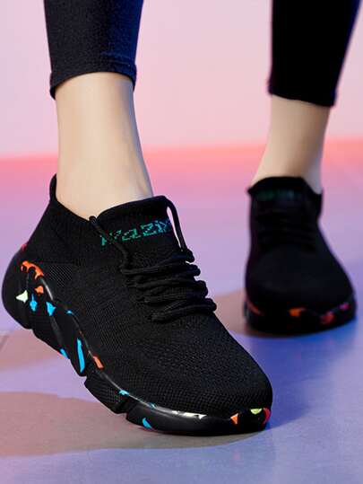 Women's Black Running Shoes For Road, Perfect With Leggings Breathable, Comfortable, Lace-Up, Front Cushioned