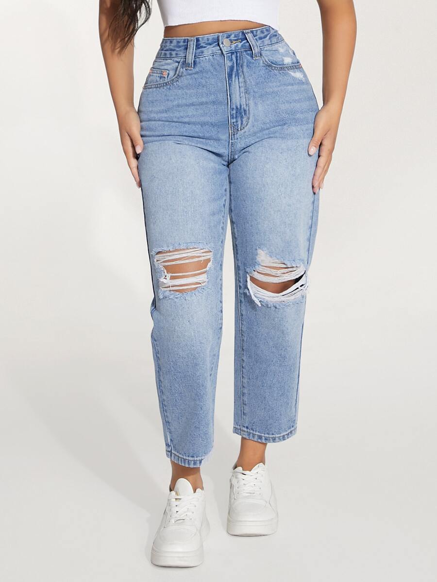SHEIN PETITE High Waist Ripped Mom Fit Jeans - Light Wash - View 1