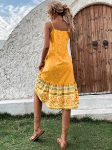 Floral Print Ruffle Hem Cami Dress - Yellow - View 2