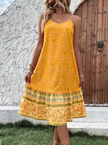Floral Print Ruffle Hem Cami Dress - Yellow - View 4