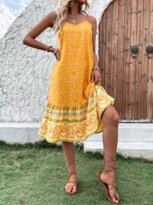 Floral Print Ruffle Hem Cami Dress - Yellow - View 6