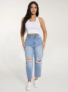 SHEIN PETITE High Waist Ripped Mom Fit Jeans - Light Wash - View 5