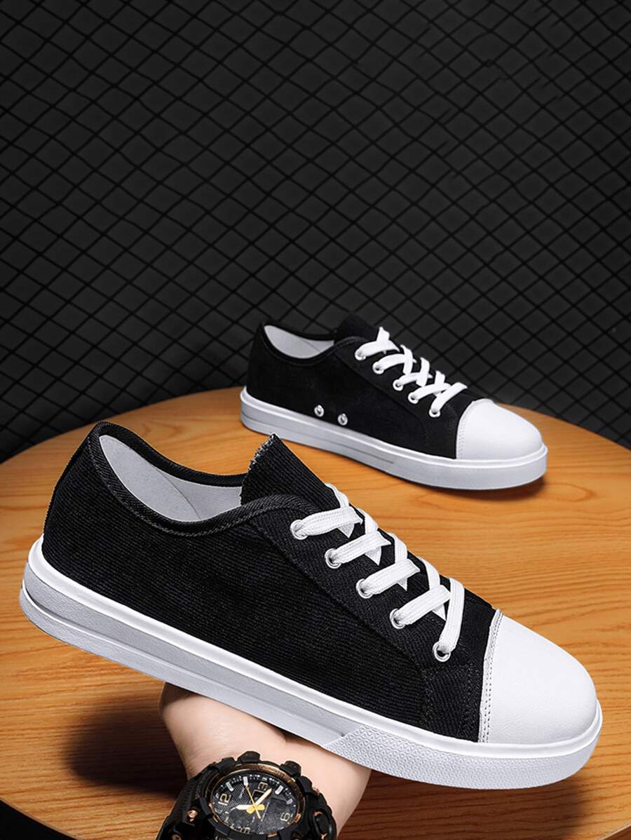 Men Corduroy Lace-up Front Canvas Shoes - Black and White - View 1