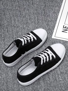 Men Corduroy Lace-up Front Canvas Shoes - Black and White - View 2