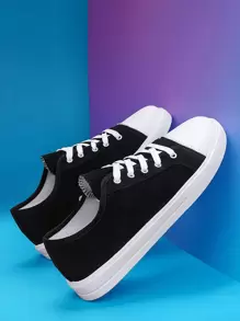 Men Corduroy Lace-up Front Canvas Shoes - Black and White - View 3
