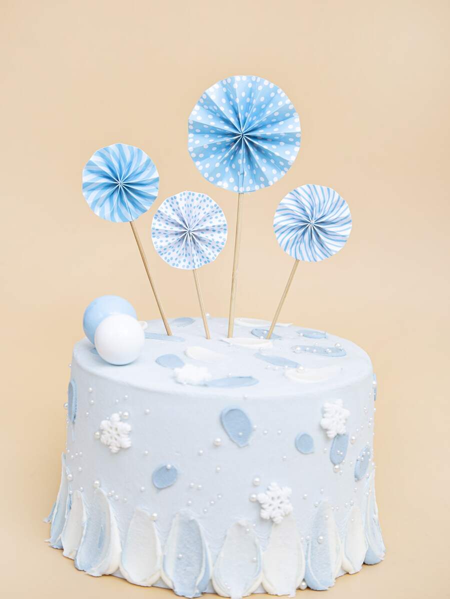 4pcs Paper Fan Decor Cake Topper - Blue and White - View 1