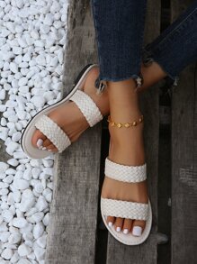 Sandalias con detalle trenzado para mujer, correa doble, punta abierta, sandalias planas minimalistas sólidas para vacaciones al aire libre - Beis - Ver 8