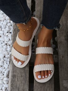 Sandalias con detalle trenzado para mujer, correa doble, punta abierta, sandalias planas minimalistas sólidas para vacaciones al aire libre - Beis - Ver 7