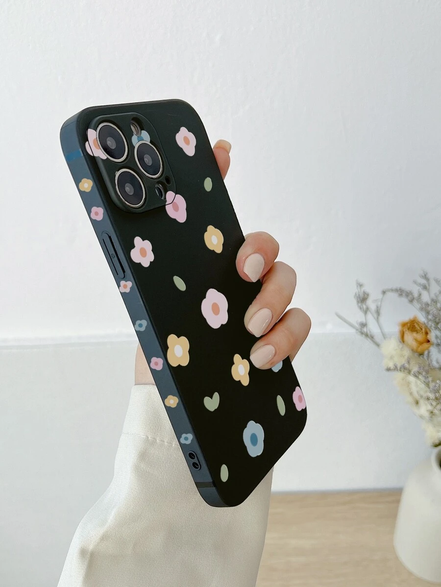 Coque de téléphone portable à motif fleur - Noir - Voir 1