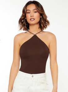 SHEIN BASICS Solid Slim Fit Cami Top, Going Out Top/Summer - Coffee Brown - View 3