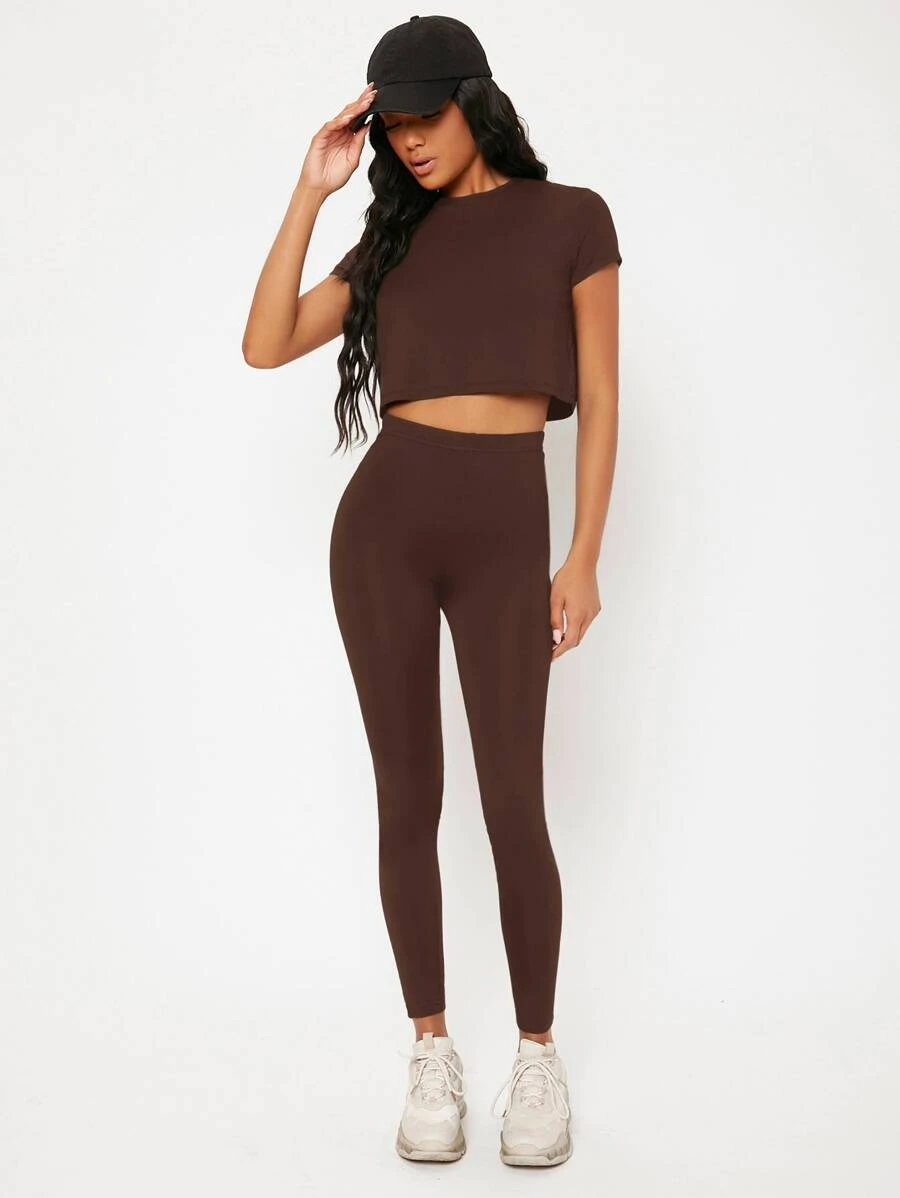 SHEIN BASICS Solid Elastic Waist Leggings - Coffee Brown - View 1