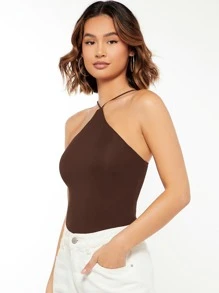SHEIN BASICS Solid Slim Fit Cami Top, Going Out Top/Summer - Coffee Brown - View 5
