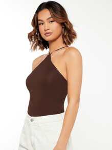 SHEIN BASICS Solid Slim Fit Cami Top, Going Out Top/Summer - Coffee Brown - View 6
