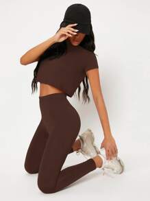SHEIN BASICS Solid Elastic Waist Leggings - Coffee Brown - View 3