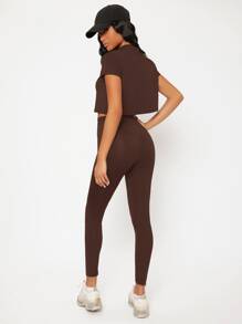 SHEIN BASICS Solid Elastic Waist Leggings - Coffee Brown - View 5