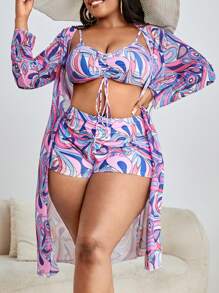 SHEIN Swim Curve Summer Beach Plus Allover Print Bikini Set Drawstring Front Cami Top & Boxer Shorts & Kimono 3 Piece Bathing Suit - Multicolor - View 1