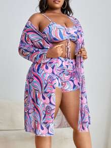 SHEIN Swim Curve Summer Beach Plus Allover Print Bikini Set Drawstring Front Cami Top & Boxer Shorts & Kimono 3 Piece Bathing Suit - Multicolor - View 5
