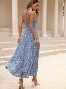 Breezaya Đầm Lộ Lưng phân lớp Họa tiết hoa Boho - Màu xanh lam - Xem 2