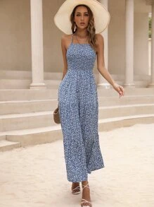 Breezaya Đầm Lộ Lưng phân lớp Họa tiết hoa Boho - Màu xanh lam - Xem 4