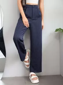 SHEIN EZwear Pantalones rectos de rayas - Azul Marino - Ver 1