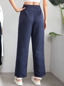SHEIN EZwear Pantalones rectos de rayas - Azul Marino - Ver 2