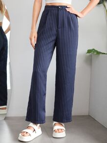 SHEIN EZwear Pantalones rectos de rayas - Azul Marino - Ver 3