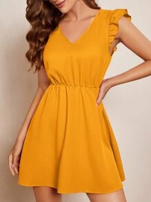 SHEIN Clasi V Neck Butterfly Sleeve A-line Dress - Yellow - View 6
