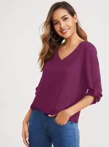 SHEIN Clasi V-neck Roll Tab Sleeve Solid Top - Purple - View 4