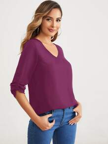 SHEIN Clasi V-neck Roll Tab Sleeve Solid Top - Purple - View 5