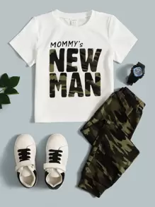 SHEIN Leap Crew 男孩迷彩和標語圖形t恤和運動褲 - 彩色 - 查看 5