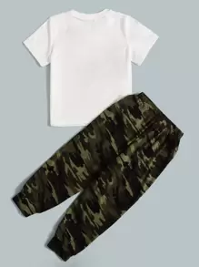 SHEIN Leap Crew 男孩迷彩和標語圖形t恤和運動褲 - 彩色 - 查看 2