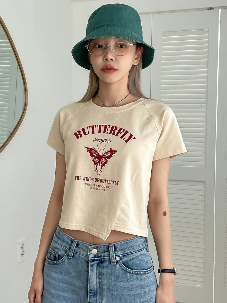 Butterfly & Slogan Graphic Raglan Sleeve Tee