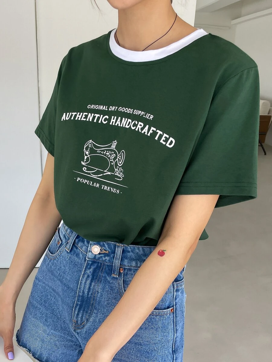 DAZY Slogan đồ họa tương phản Trim Tee - màu xanh lá - Xem 1