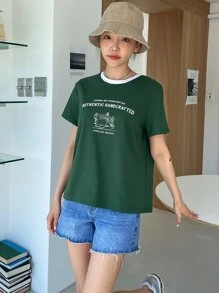 DAZY Slogan đồ họa tương phản Trim Tee - màu xanh lá - Xem 3