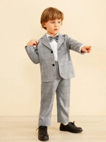SHEIN 小男童格紋印花西裝外套和褲子無襯衫