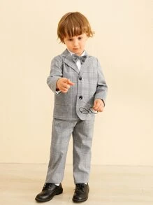 SHEIN 小男童格紋印花西裝外套和褲子無襯衫