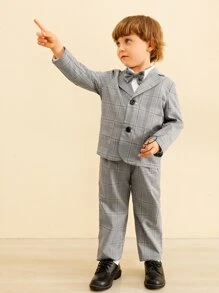 SHEIN 小男童格紋印花西裝外套和褲子無襯衫
