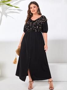 Robe à panneaux en maille avec broderie florale grande taille - Noir - Voir 1