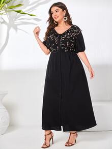 Robe à panneaux en maille avec broderie florale grande taille - Noir - Voir 4