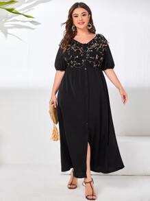 Robe à panneaux en maille avec broderie florale grande taille - Noir - Voir 5