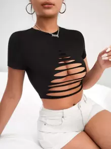 SHEIN SXY Ladder Cut Out Crop Tee - Black - View 1